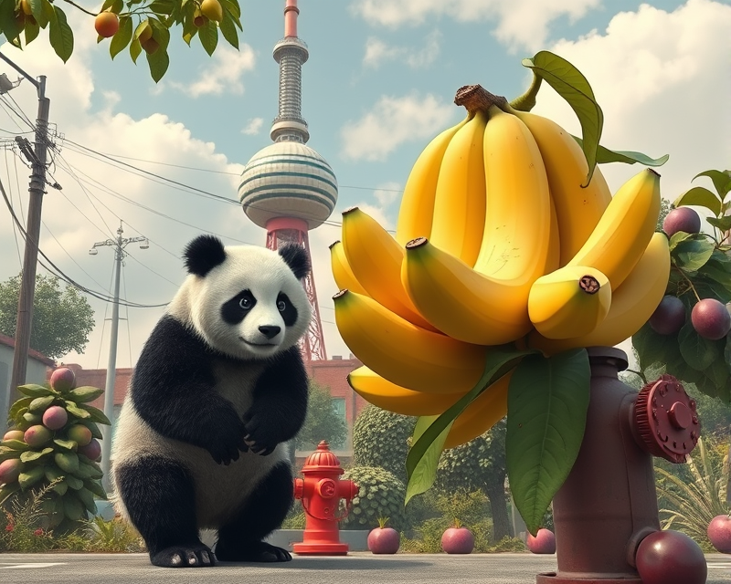 banana, panda, fire hydrant, plum, tower